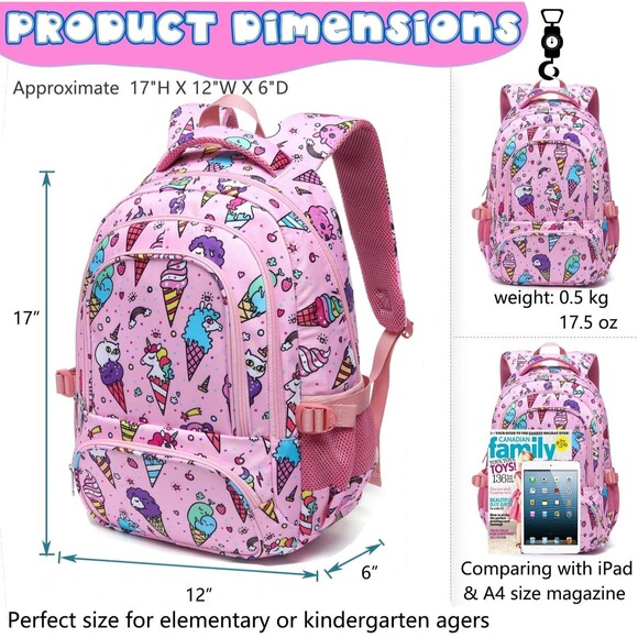 School Backpack for Girls Kids Elementary Primary School Book Bag Unicorn Ice... - Picture 2 of 16